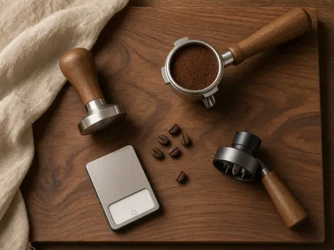 Espresso tamper, filled portafilter, small scale and distribution tool laid out on a walnut board