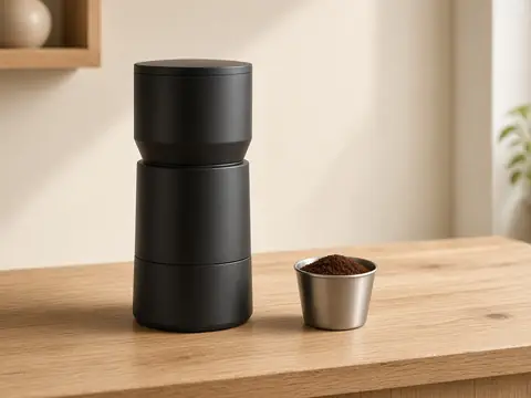 Matte black coffee grinder next to a cup of fresh espresso grounds on an oak counter
