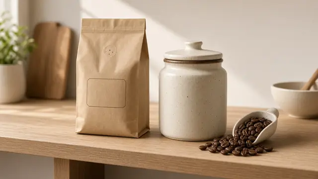 A plain kraft coffee bag with a one-way valve next to an opaque ceramic canister and a scoop of beans