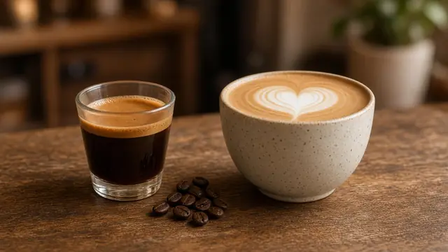 A glass of straight espresso next to a latte with heart latte art on a wooden counter