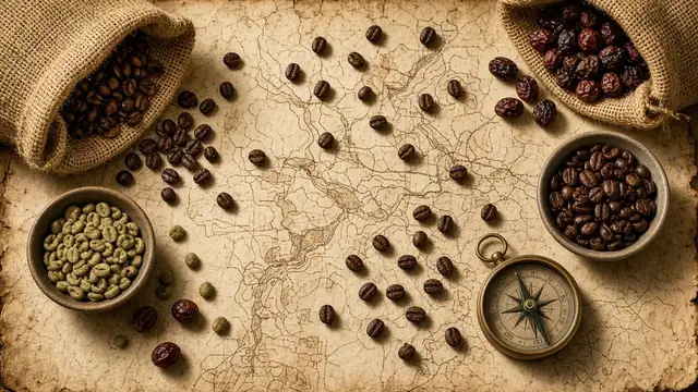 Coffee beans, green beans, coffee cherries and a compass spread across an old map