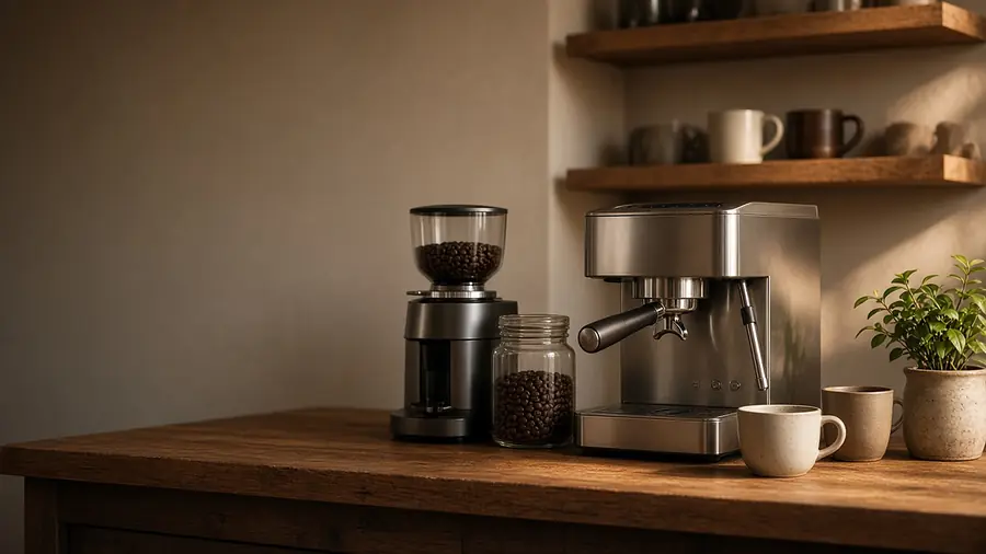 A stainless espresso machine and a burr grinder on a warm wooden counter with cups on the shelf