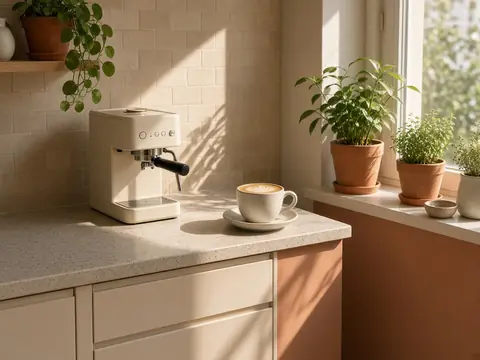 Compact cream espresso machine and a cappuccino on a sunny small-kitchen counter